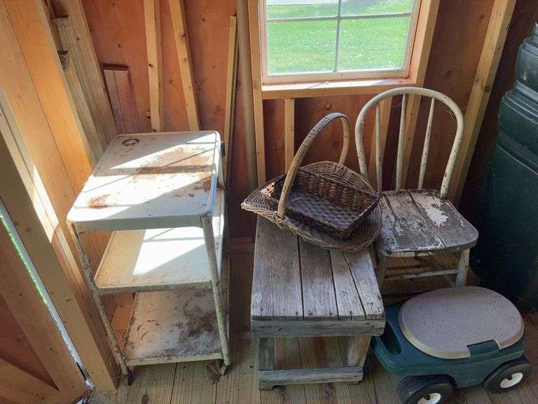 Cart, wooden chair & bench, garden cart & baskets