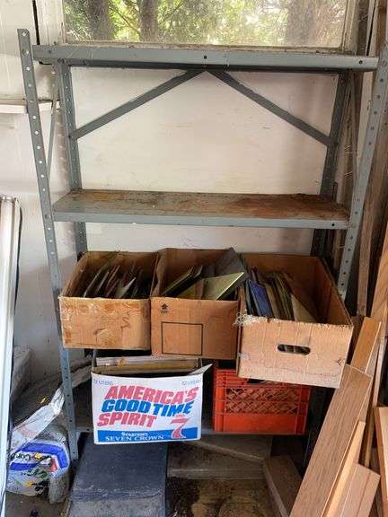 Metal storage shelf w/ slate pieces & bricks