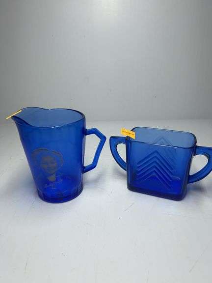 Shirley Temple Cobalt Blue Creamer Pitcher, Hazel Atlas Cobalt Blue Sugar Bowl