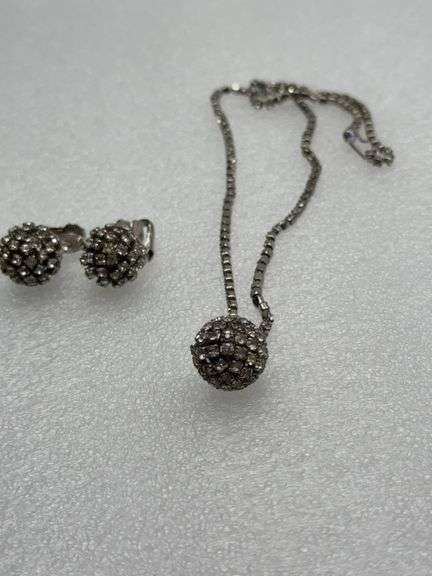 Vintage Rhinestone Disco Ball Earrings & Matching Necklace