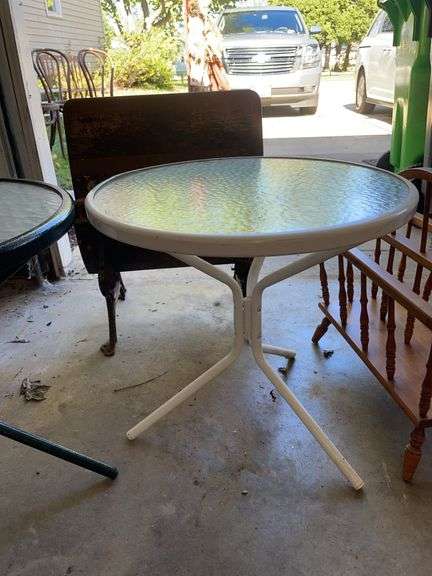 (2) patio tables, magazine rack & school bench