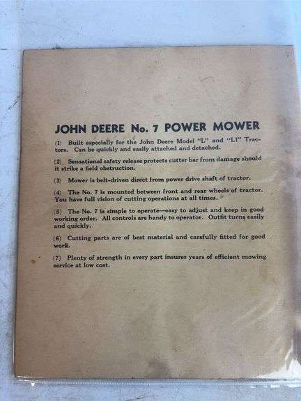 John Deere No. 7 Power Mower manual, 1952 field service bulletin, and other John Deere manual