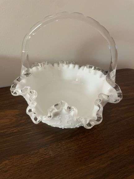 Fenton basket and (3) other silver crested dishes