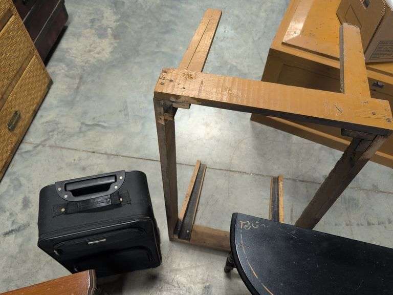 (2) end tables, upholstered stool, suitcase, and unfinished coffee table