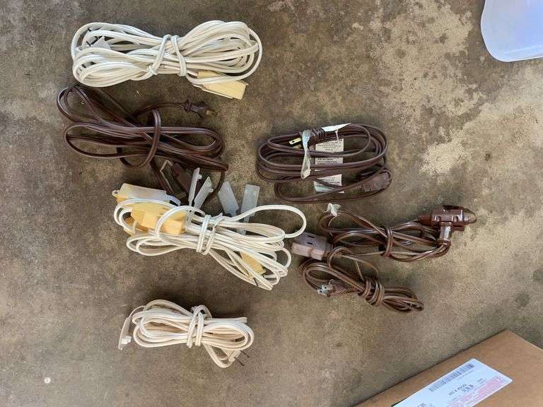 Tote w/ small indoor extension cords & tote w/ tools including screwdrivers & more