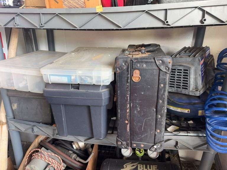 Air Compressor, Tool Boxes on Shelf
