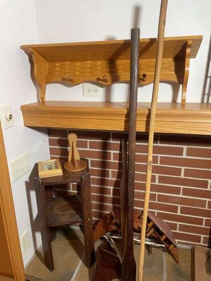 Wooden stand, wooden shelf, wooden paddles & others