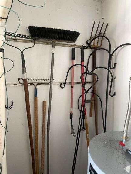 Hand tools including rakes, broom, shovel, shepherds hooks & more