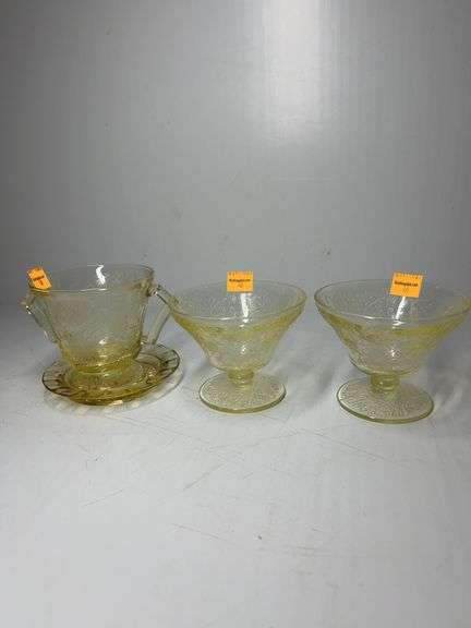 Vintage Hazel Atlas Yellow Glass Teacup and Saucer, (2) Sherbet Bowls