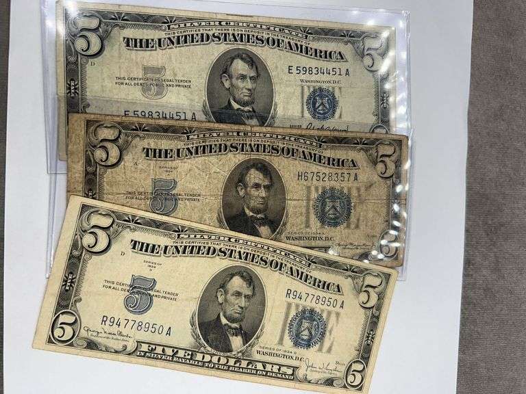 1953A, 1934A, 1934 D Silver Certificate $5.00 Dollar Bills