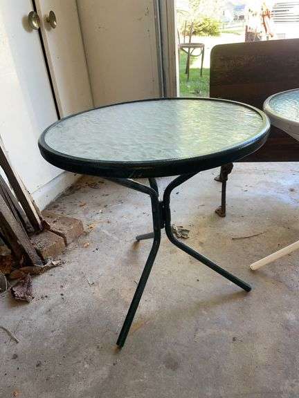 (2) patio tables, magazine rack & school bench