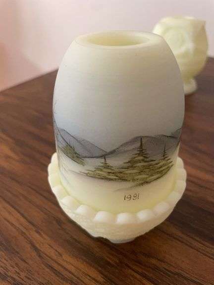(4) pieces of Fenton - including owl dish, pitcher, bowl, and hand painted candle