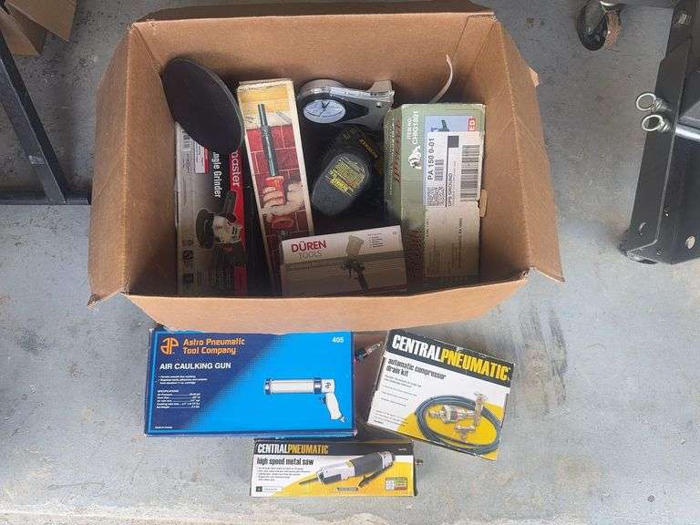 Box of Air Tools, Caulking Gun, Drain Kit, Metal Saw, Etc