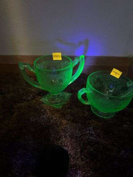 Vintage Uranium Glass Creamer and Sugar Bowl