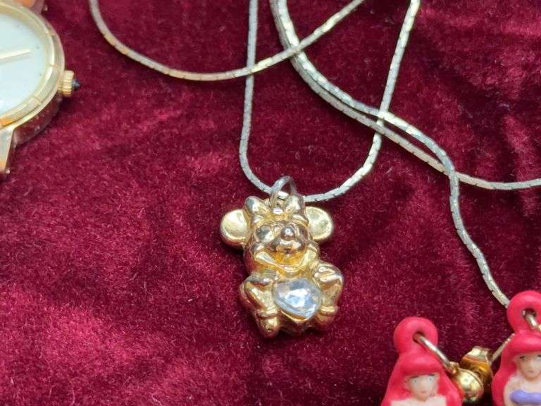 Disney Lot To Include Lorus Watch, Ariel Princess Earrings, Mickey Mouse Necklace, Keychain & Pin of