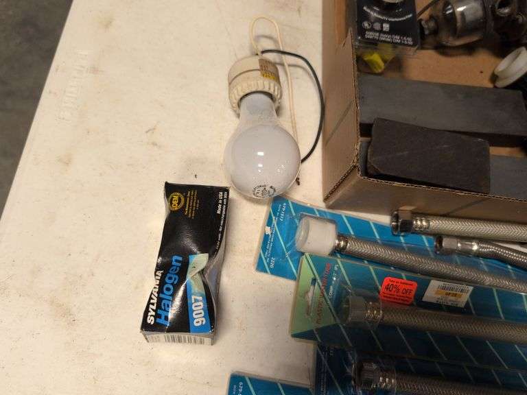 12" water tubes, electrical tape, pipe fittings, sharpening blocks, and more