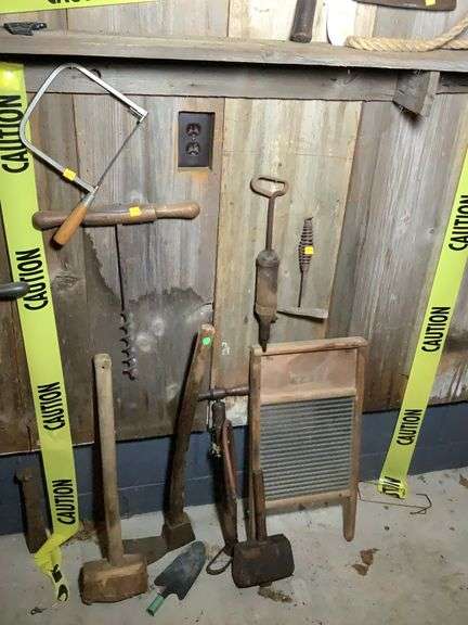 Wood auger, 2 Woden mallets, foot edge, small tube air pump, 2 in one #80 glass wash board