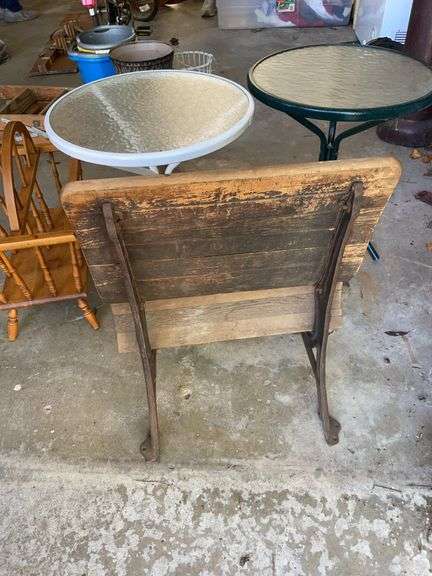 (2) patio tables, magazine rack & school bench