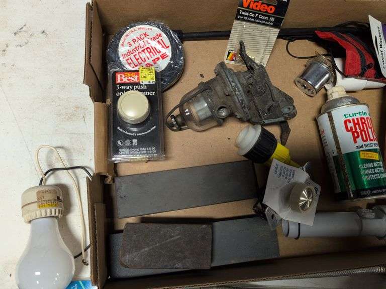 12" water tubes, electrical tape, pipe fittings, sharpening blocks, and more