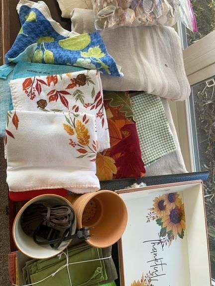 Seasonal decor including thankful tray, dish towels, seashells, planters & more