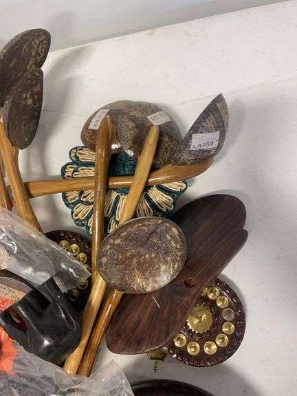 Decorative clock, baskets, and wooden pieces