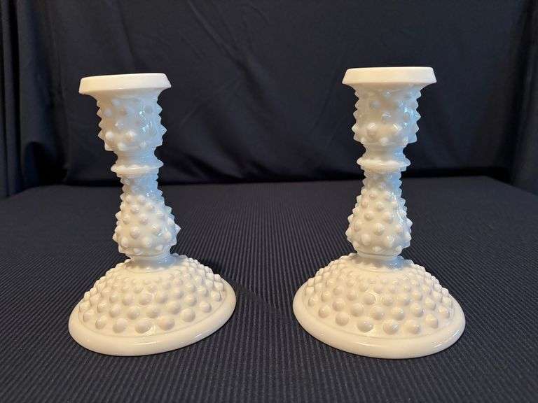 6” Fenton hobnail milk glass candle holders