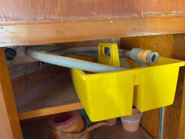 (3) shelves of gardening items including planters, sprinklers, small hose & more