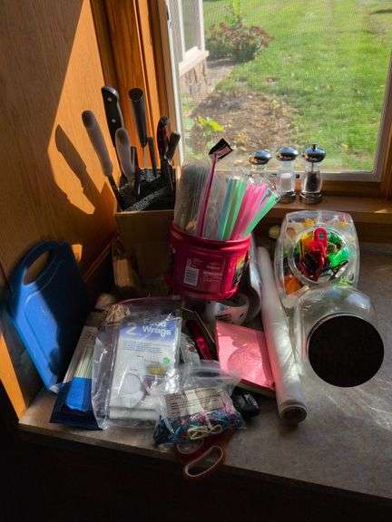 Knives with knife block, jars, flashlight, and other household items