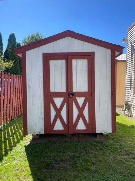 8x12 White and red storage barn - contents not included