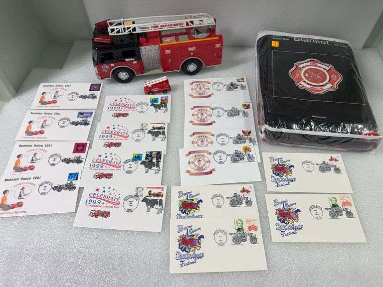 BLANKET WITH FIRE, RESCUE EMBLEM, FIRETRUCK, AND FIRST DAY COVERS OF PRESTON BUCKWHEAT FESTIVAL 