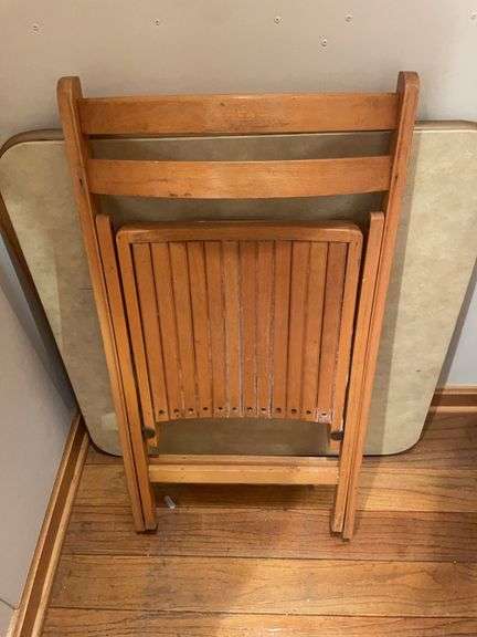 (3) wooden folding chairs and card table