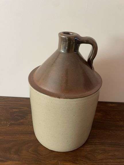 Stoneware crock jug - marked #8 - 16" tall, hairline crack