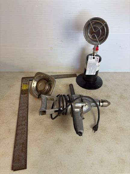 Small propane heater, carpenter's squares, and drill