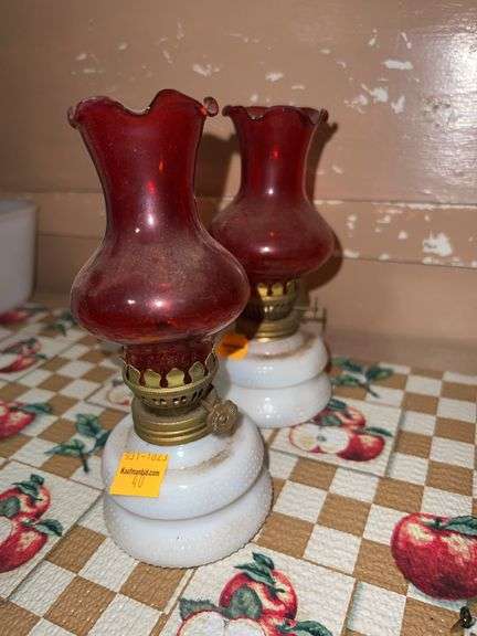 Set of (2) Miniature Milk Glass Based Oil Lamps