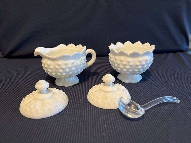 Fenton Hobnail milk glass Covered Sugar and Creamer Set