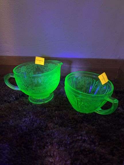 Vintage Uranium Glass Creamer and Sugar Bowl