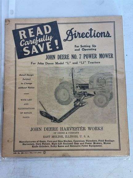 John Deere No. 7 Power Mower manual, 1952 field service bulletin, and other John Deere manual