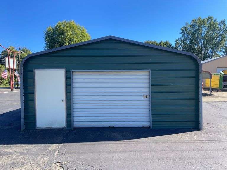 20x21 ft. Green metal Garage - w/ man door & garage door