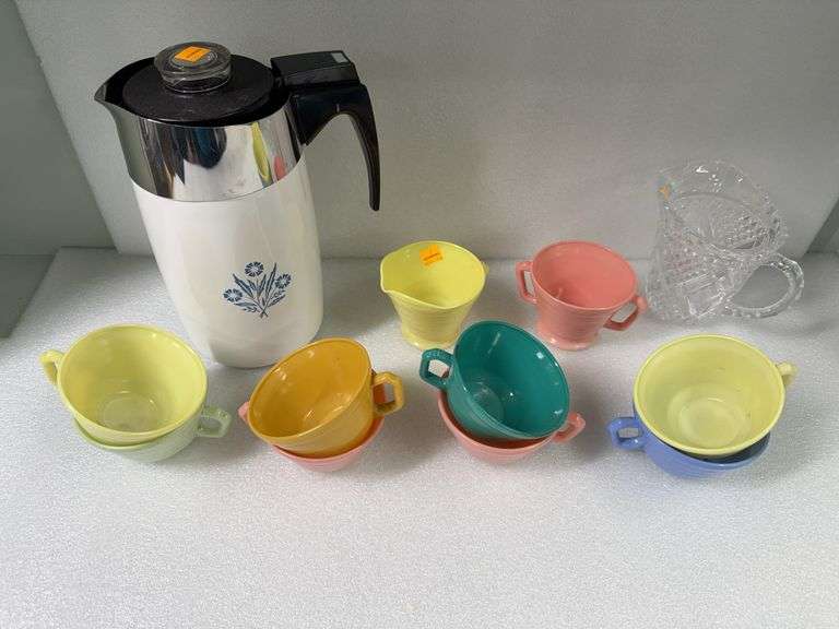 Cornflower Corning Coffee Pot, Hazel Atlas Cups and Pitcher