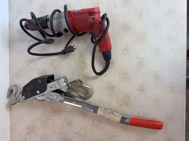 Come-along and Milwaukee hammer drill