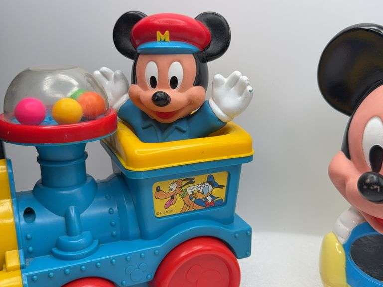 Vintage Disney Mickey Mouse Pull String Train Toy With Popping Balls & Mickey Mouse Roly Poly