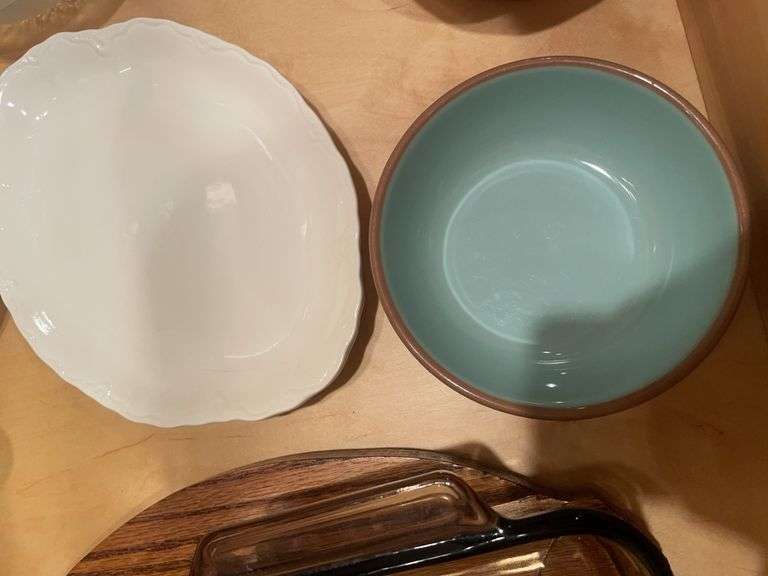 Anchor ovenware casserole dish, pig cutting board, tin molds & other dishes