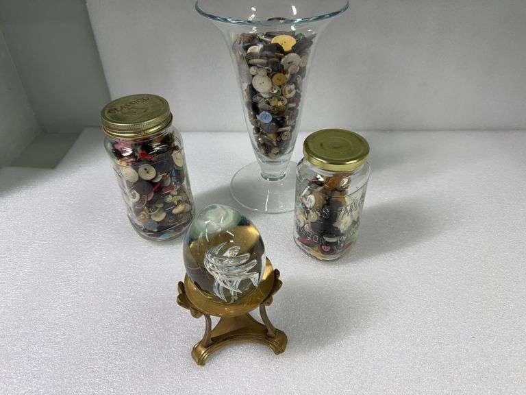 Buttons in Vase & Paperweight on Stand