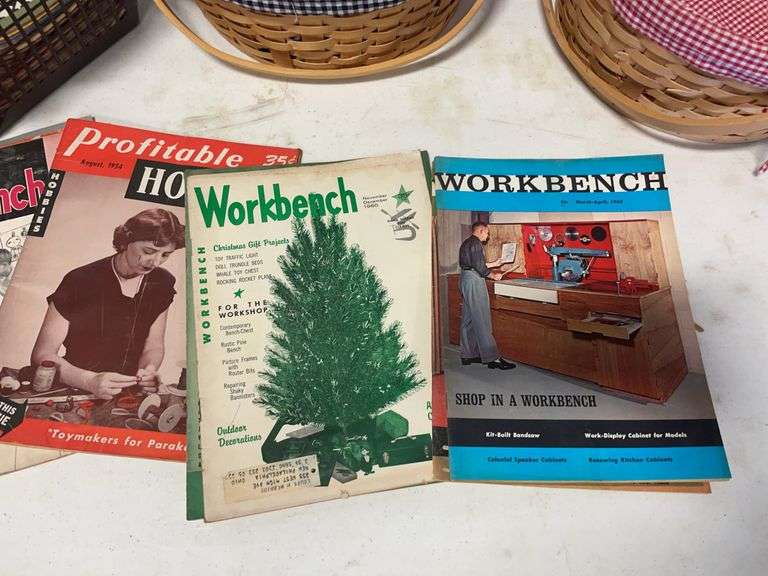 Baskets, cloth, and antique magazines