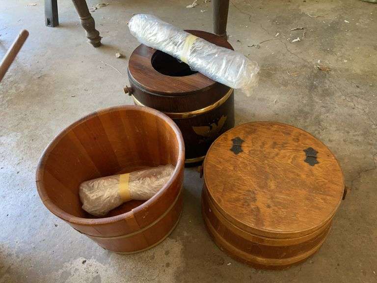 Nut cracker bucket, wooden planter w/ legs & sewing basket