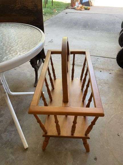 (2) patio tables, magazine rack & school bench