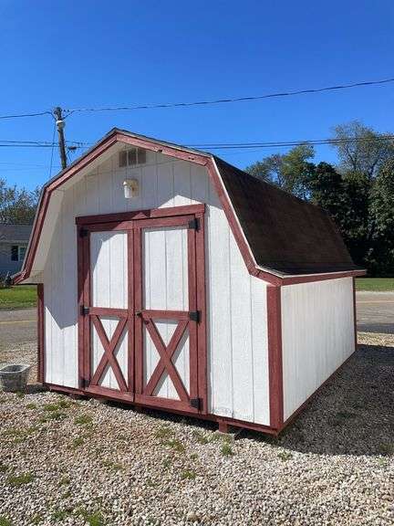10x12 white and red storage barn - contents not included