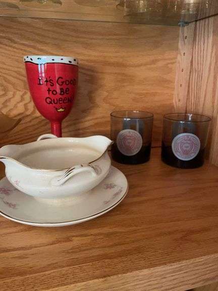 (2) shelves of glassware - stem, drinking cups, and more