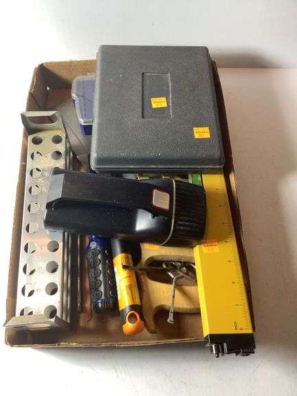 Box - tool sorter, 16 inch laser level, combo square, Kobalt driver set, AMP modular plug connectors