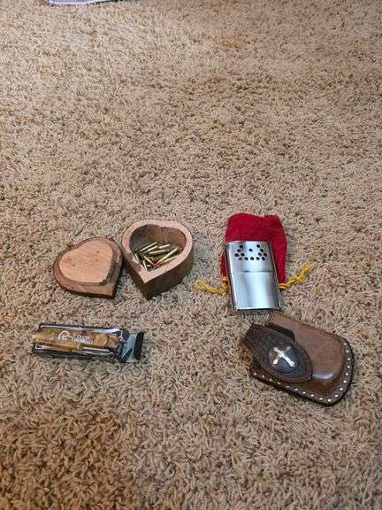 Handwarmer, knife & small wooden box with loose ammo